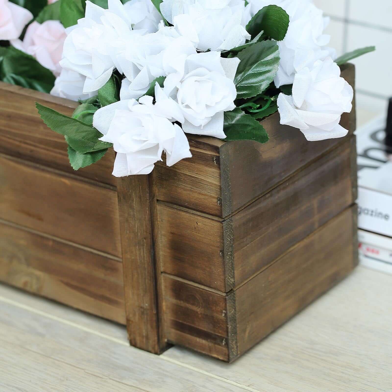 Rustic Wood Planter Box Smoked Brown - Perfect Natural Decor with Removable Plastic Liner for Table Displays 18x6