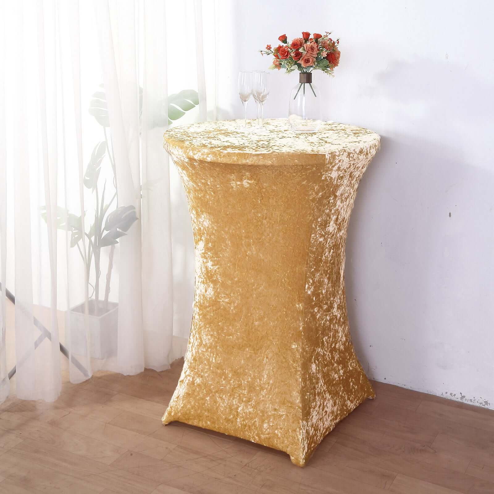 Crushed Velvet Spandex 32 Round Cocktail Table Cover Champagne Smooth Highboy Tablecloth