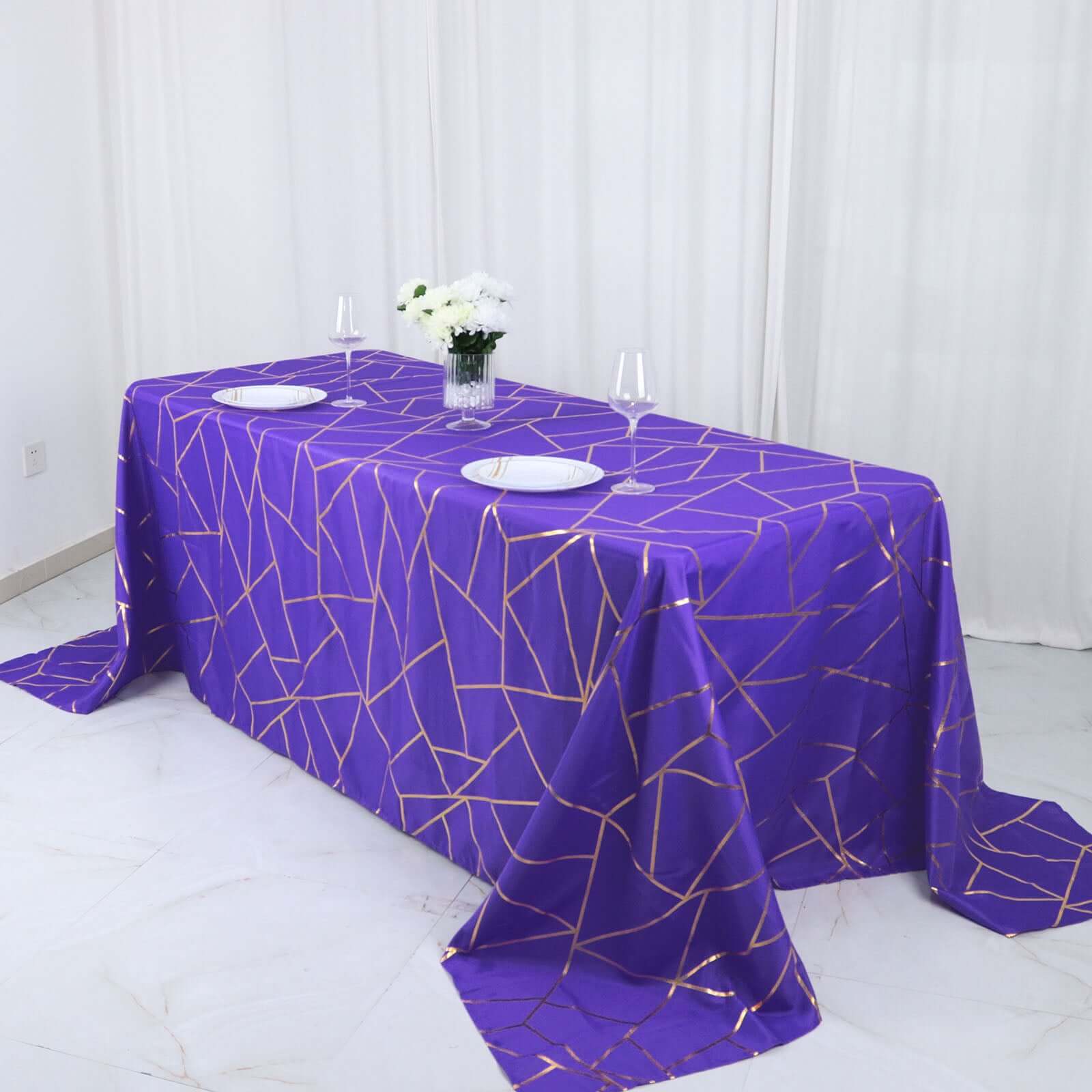 Polyester 90x132 Rectangle Tablecloth Purple Seamless with Gold Foil Geometric Pattern - Wrinkle-Resistant Seamless Table Cover