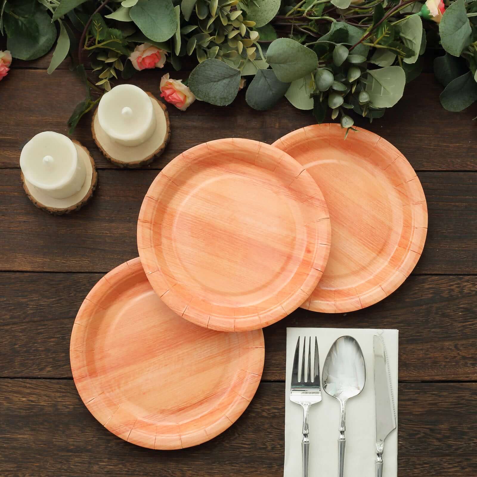 25-Pack Paper 7 Round Dessert Plates in Natural Wood Grain Print - Disposable Appetizer Salad Plates for Rustic Farmhouse Style Events