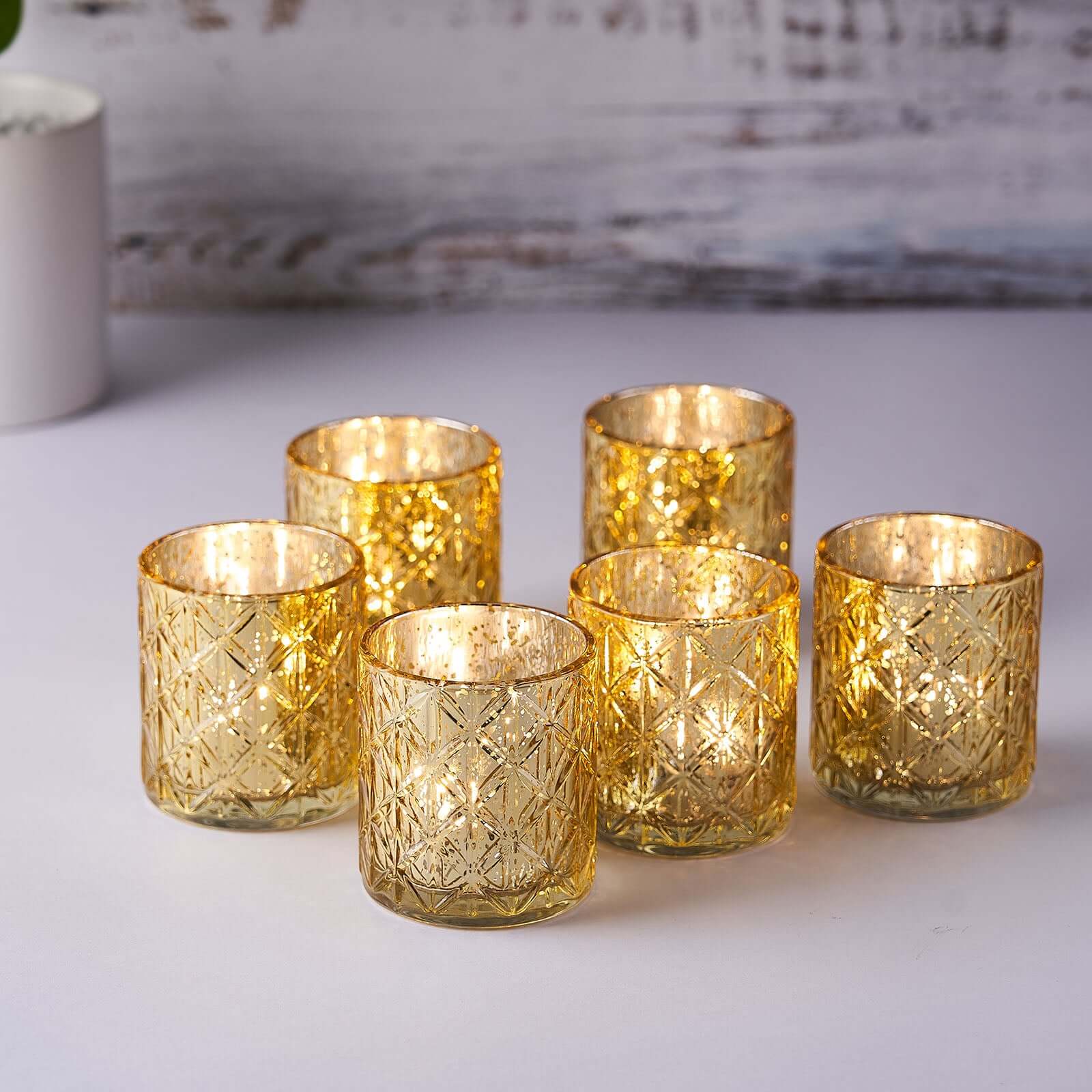 6-Pack Mercury Glass Candle Holders Shiny Gold with Geometric Design - Votive Tealight Holders 3