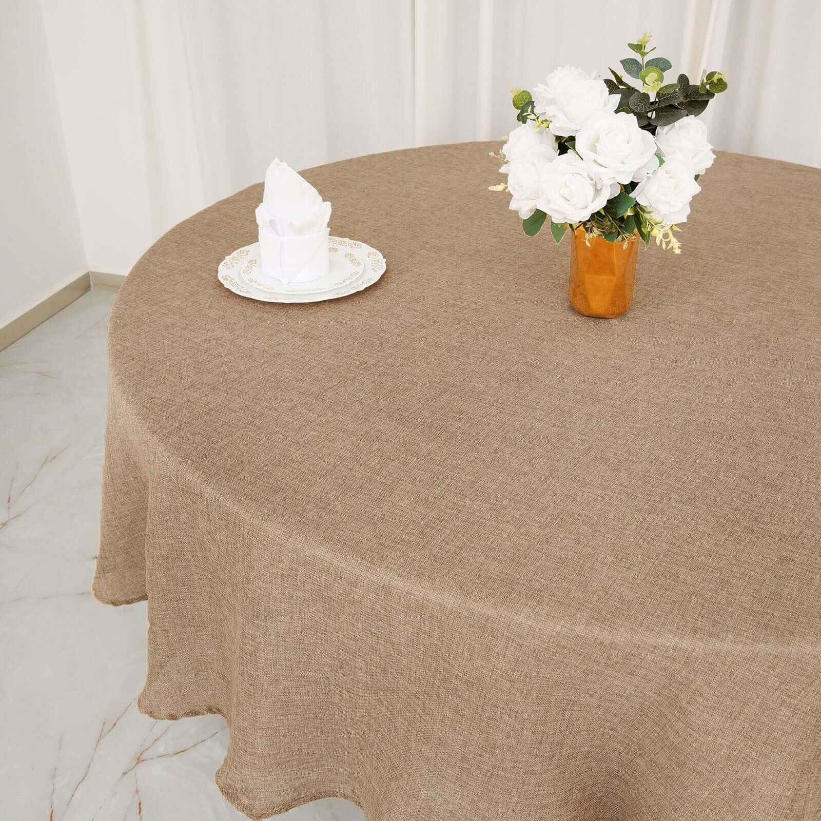 Faux Burlap Jute 90 Round Tablecloth Natural - Rustic Event Table Linen