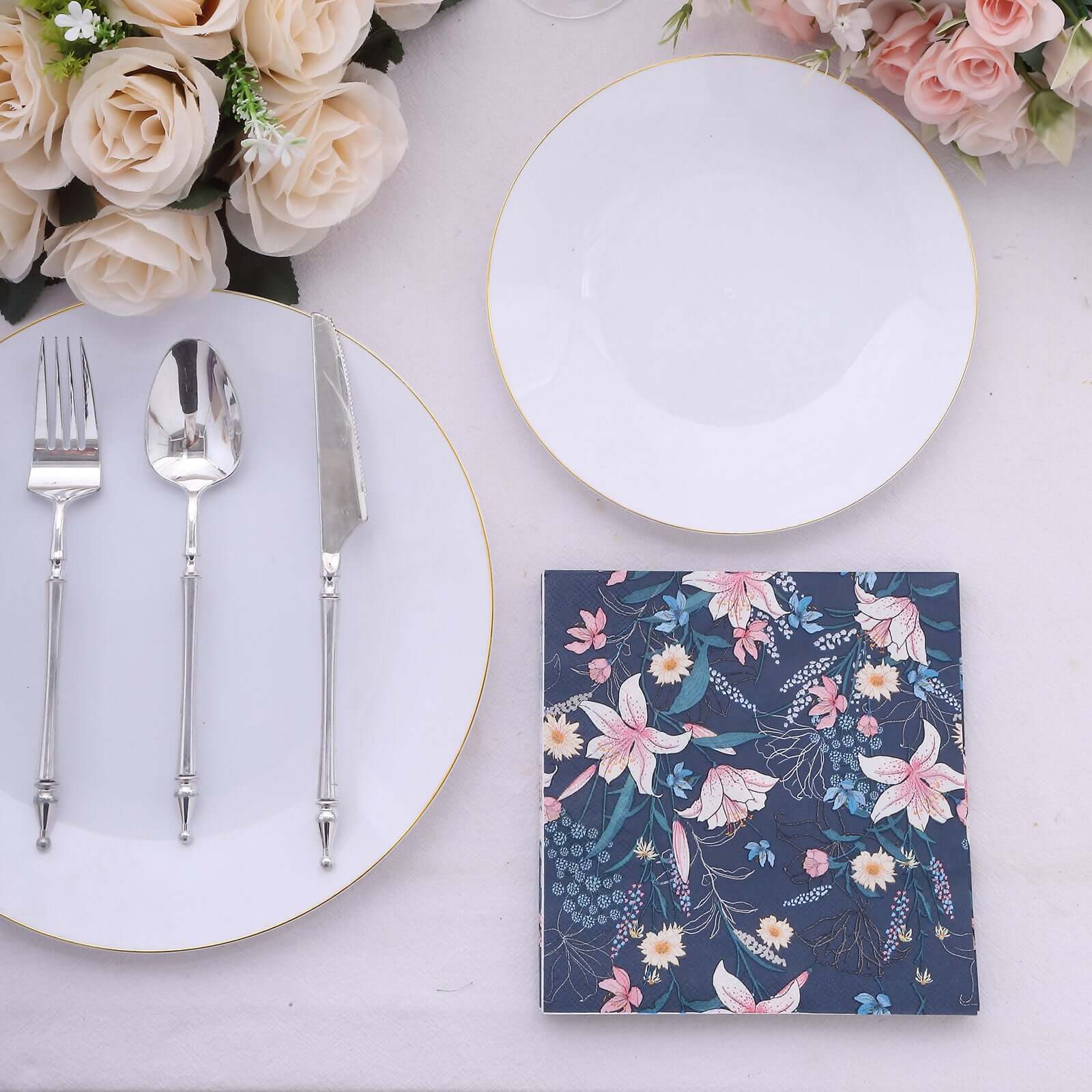 50-Pack Paper Beverage Napkins with Water Lily Floral Design Navy Blue - 2 Ply Soft 18GSM Wedding Napkins 6.5x6.5