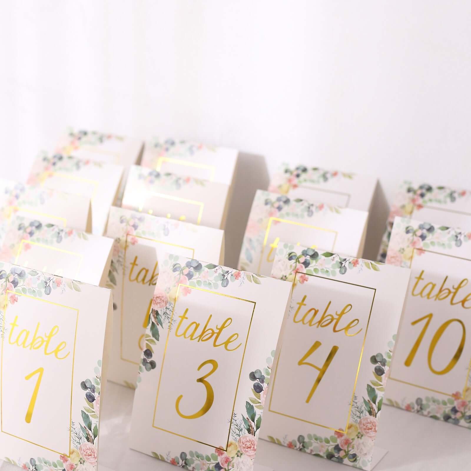 25-Pack Paper Wedding Table Numbers 1-25 White Peony Flower Design - Free Standing Double Sided Table Signs with Glam Gold Foil Numbers 7