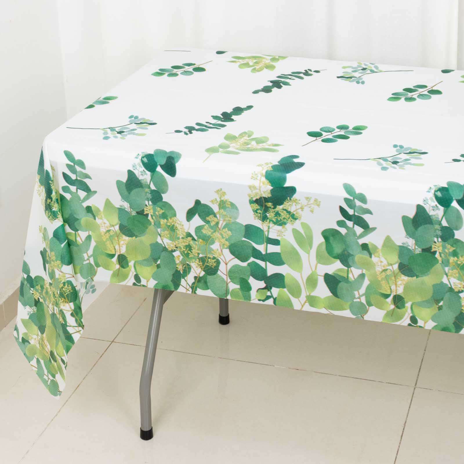 5-Pack Plastic Table Covers White/Green Rectangle with Eucalyptus Leaves Print - Decorative PVC Disposable Tablecloths 54x108