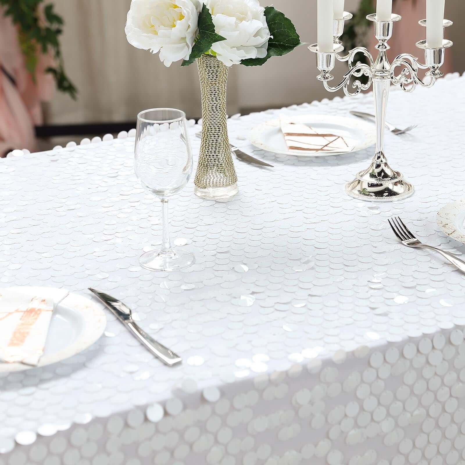 Sequin 90x132 Rectangle Tablecloth White - Seamless Big Payette Design for Sophisticated Occasions