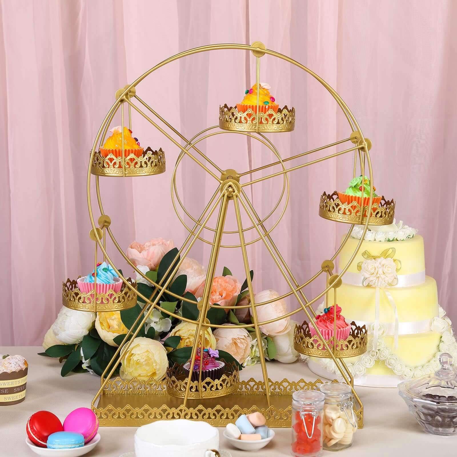 Metal Ferris Wheel Cupcake Holder Gold - Large Decorative Rotating Dessert Display Stand for Carnival-Themed Events Baby Showers & Weddings 23