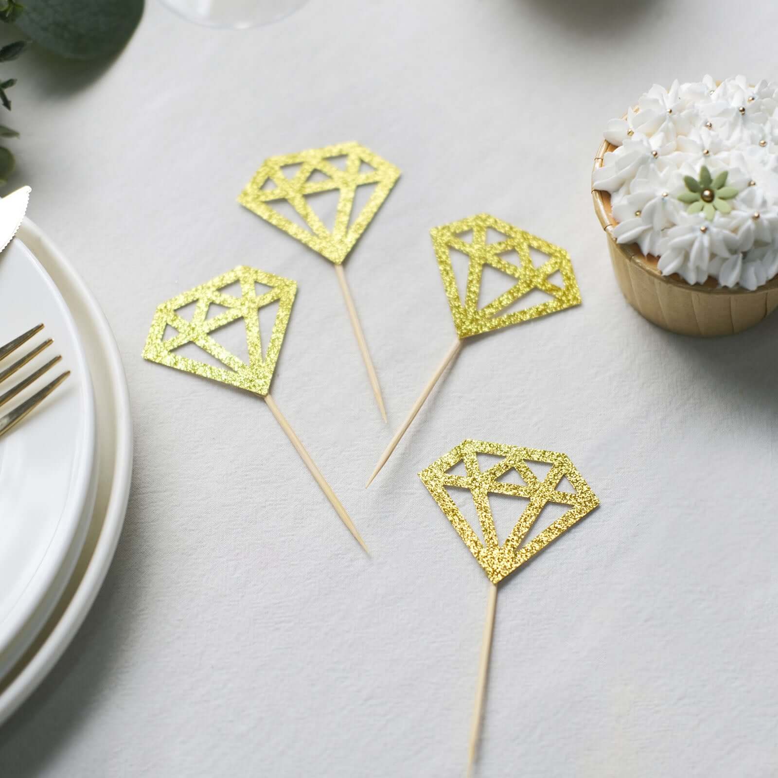 24-Pack Cupcake Toppers Diamond Ring Design Glitter Gold - Party Cake Picks Engagement Decoration Supplies