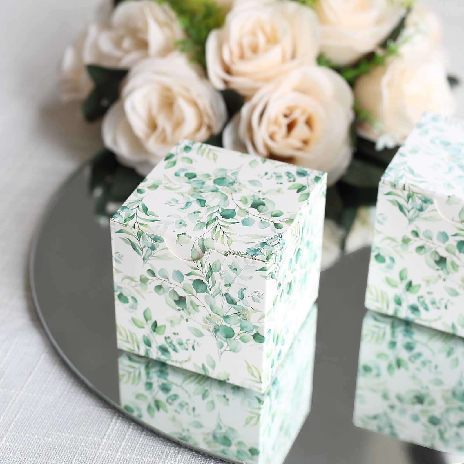 25 Pack White Green Eucalyptus Leaves Print Paper Favor Boxes, Cardstock Party Shower Candy Gift Boxes - 3x3x3