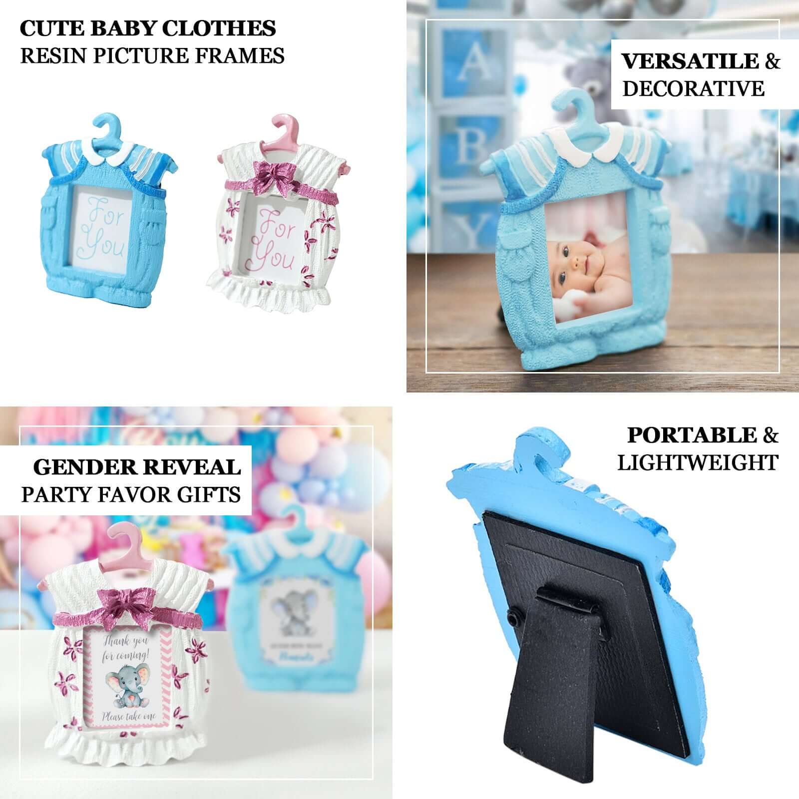 4 Pack Cute 4 Newborn Baby Boy Light Blue Clothes Resin Party Favors Picture Frame, Baby Shower Gender Reveal Party Gifts