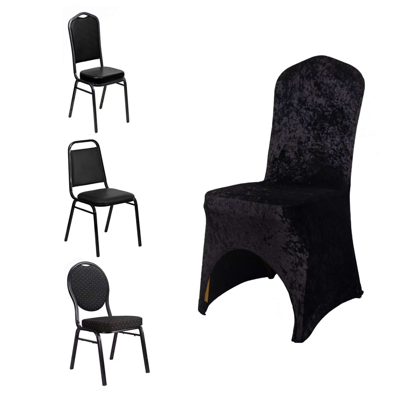 Crushed Velvet Spandex Banquet Chair Cover Fitted Slipcover Black - Stretch 190GSM Slipcover with Foot Pockets