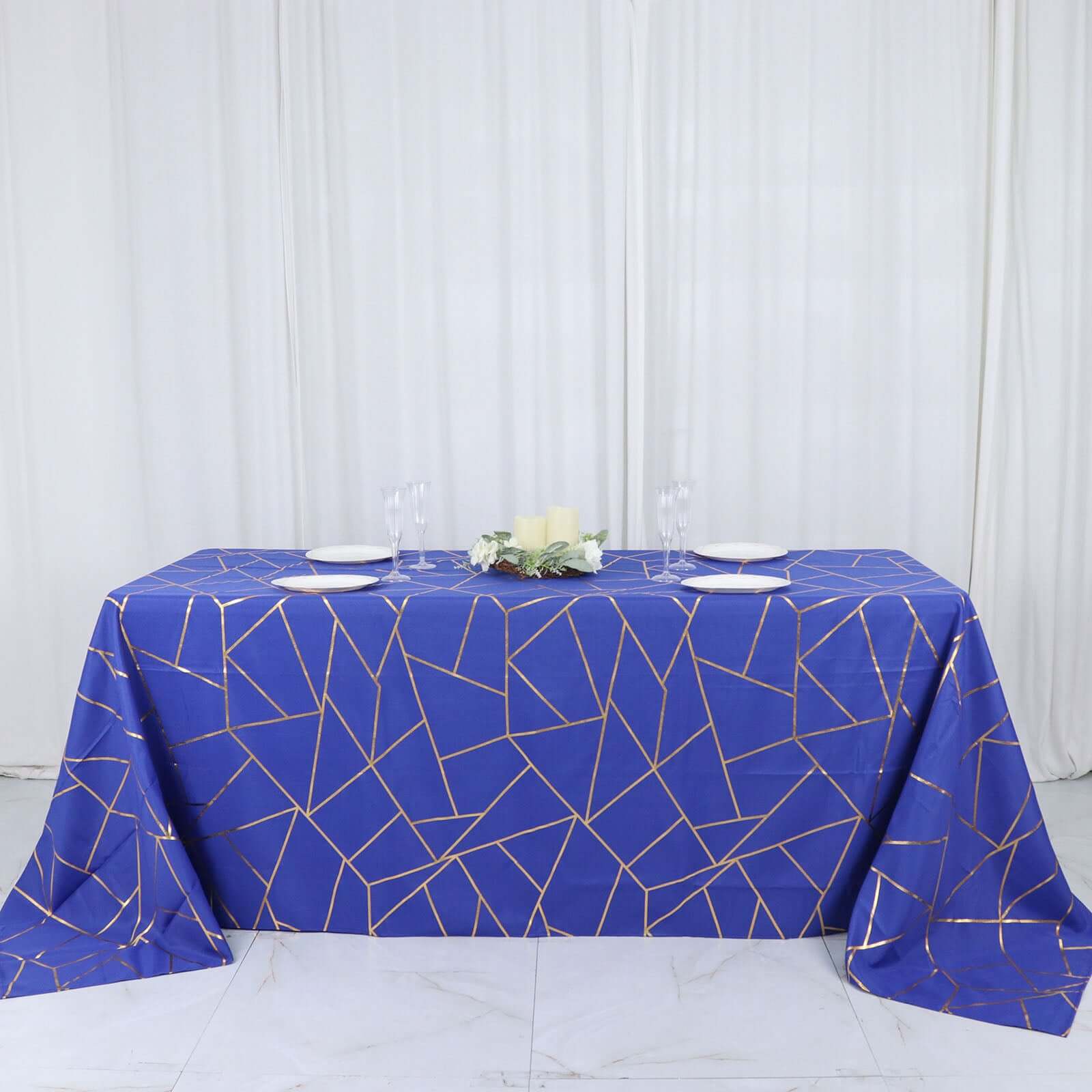 Polyester 90x132 Rectangle Tablecloth Royal Blue with Gold Foil Geometric Pattern - Wrinkle-Resistant Seamless Table Cover