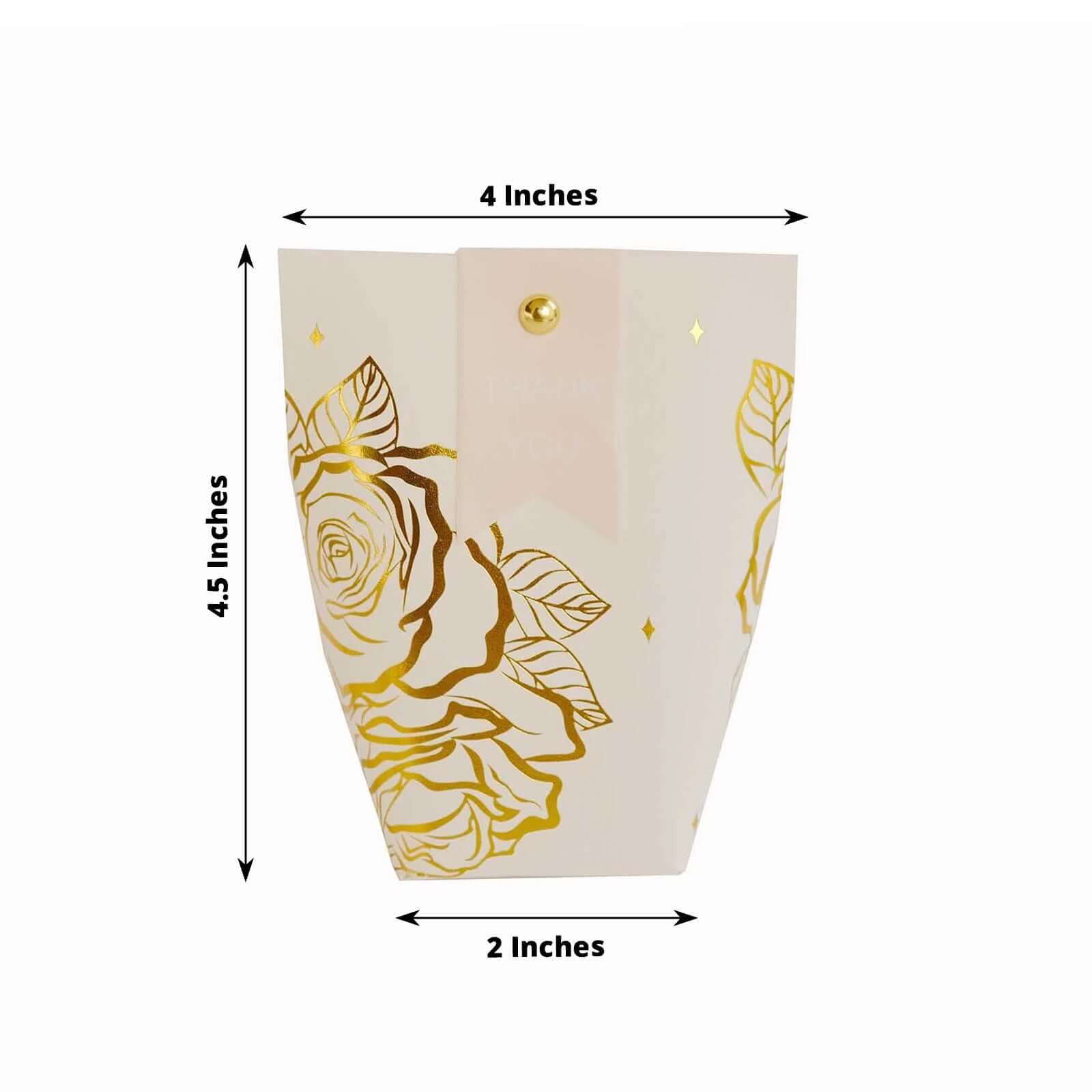 25 Pack White Paper Pouch Candy Gift Bags With Gold Rose Flower Print, Party Favor Boxes with Pin and Tags - 4.5x4