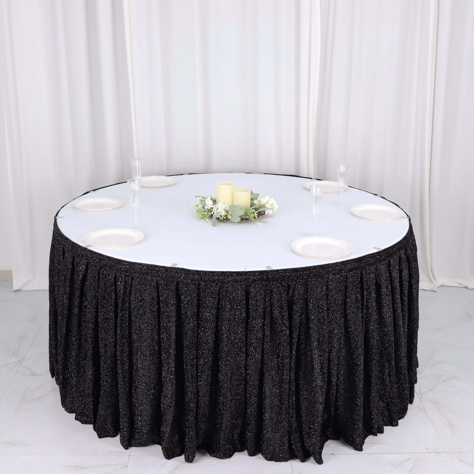 Spandex 17ft Table Skirt Black Pleated Metallic Shimmer Tinsel with Top Velcro Strip Table Cover