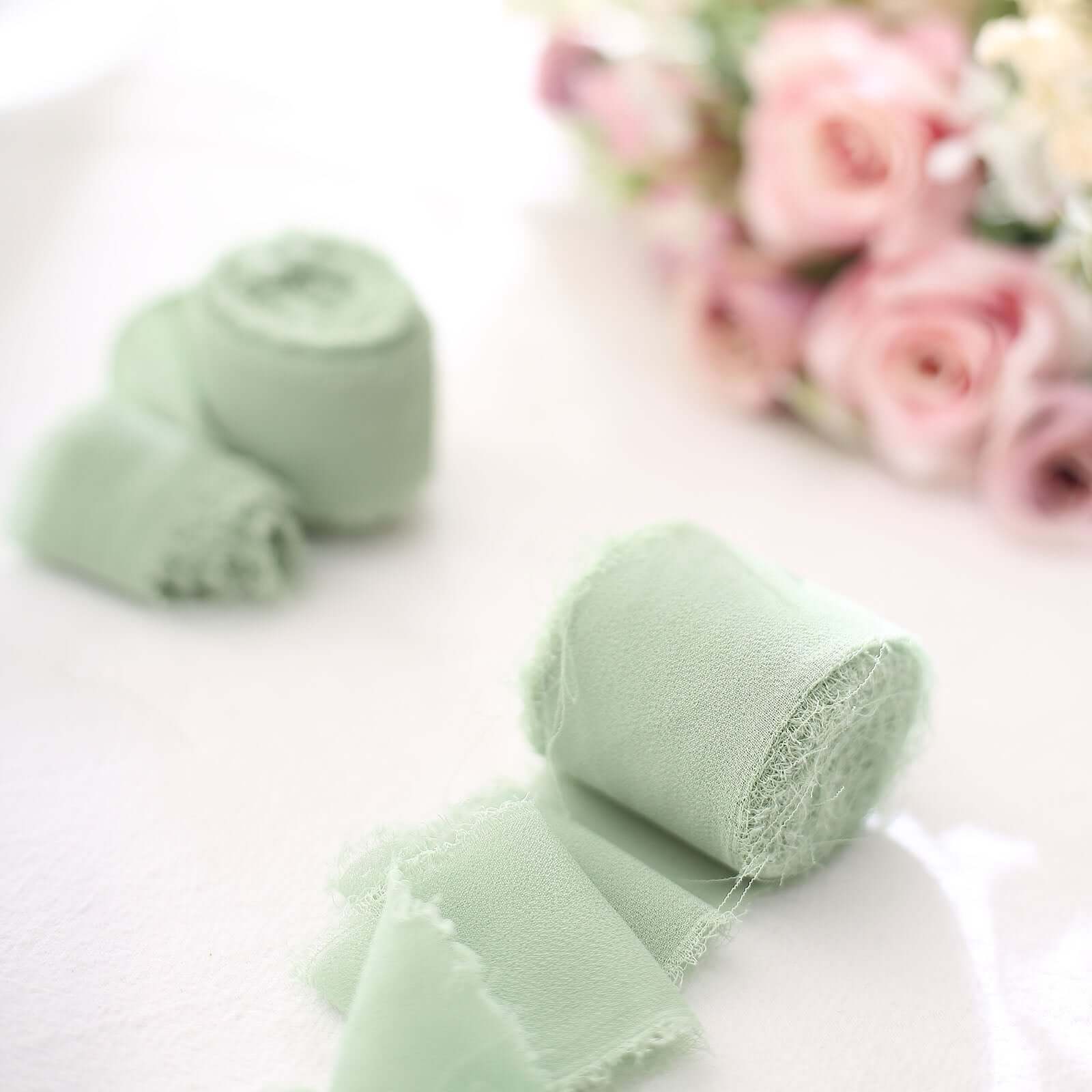 2 Pack 6yds Sage Green Silk-Like Chiffon Ribbon Roll, DIY Wedding Bouquet Linen Wrap