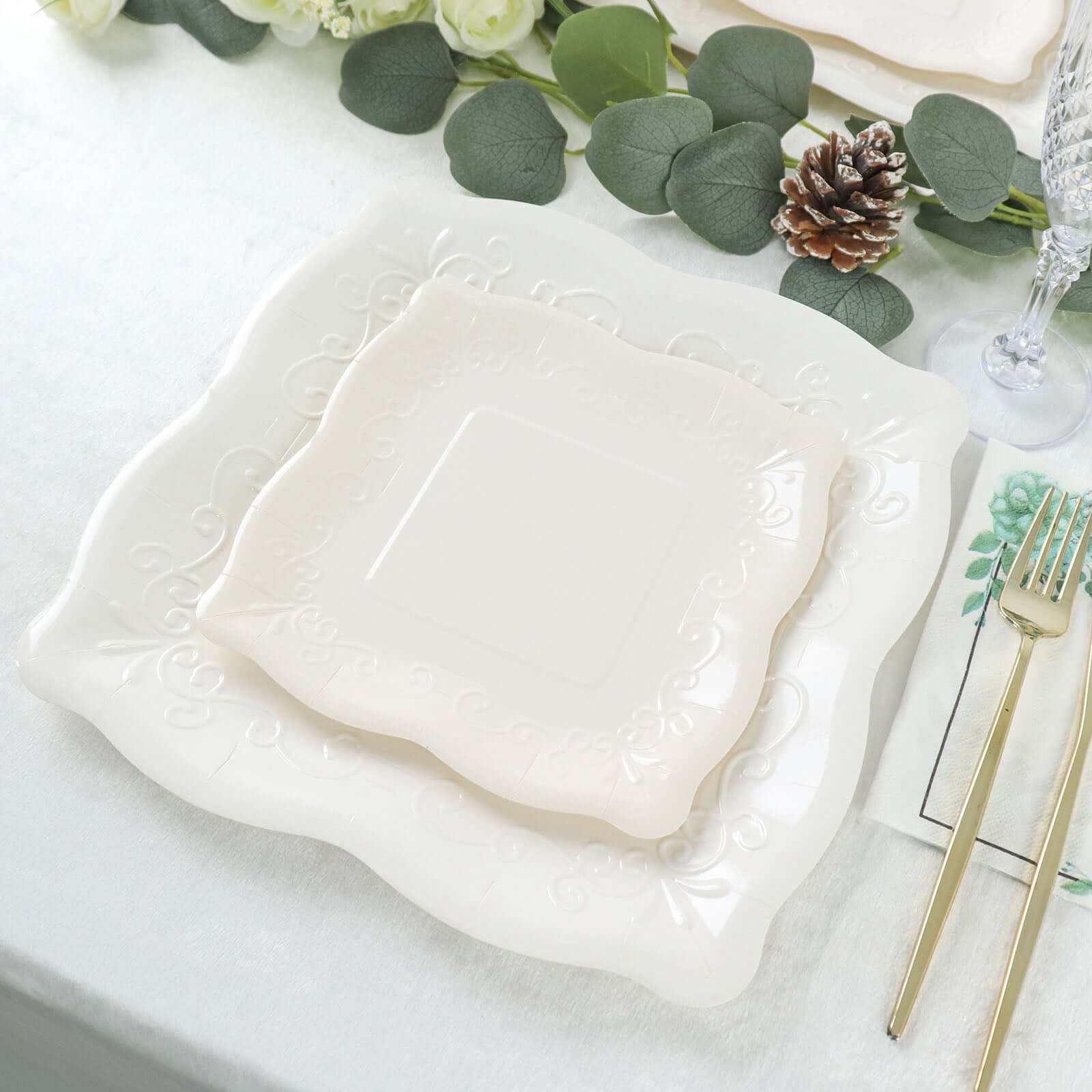 25-Pack Paper 7 Square Dessert Plates in White with Vintage Pottery Embossed Design - Shiny Disposable Appetizer Plates