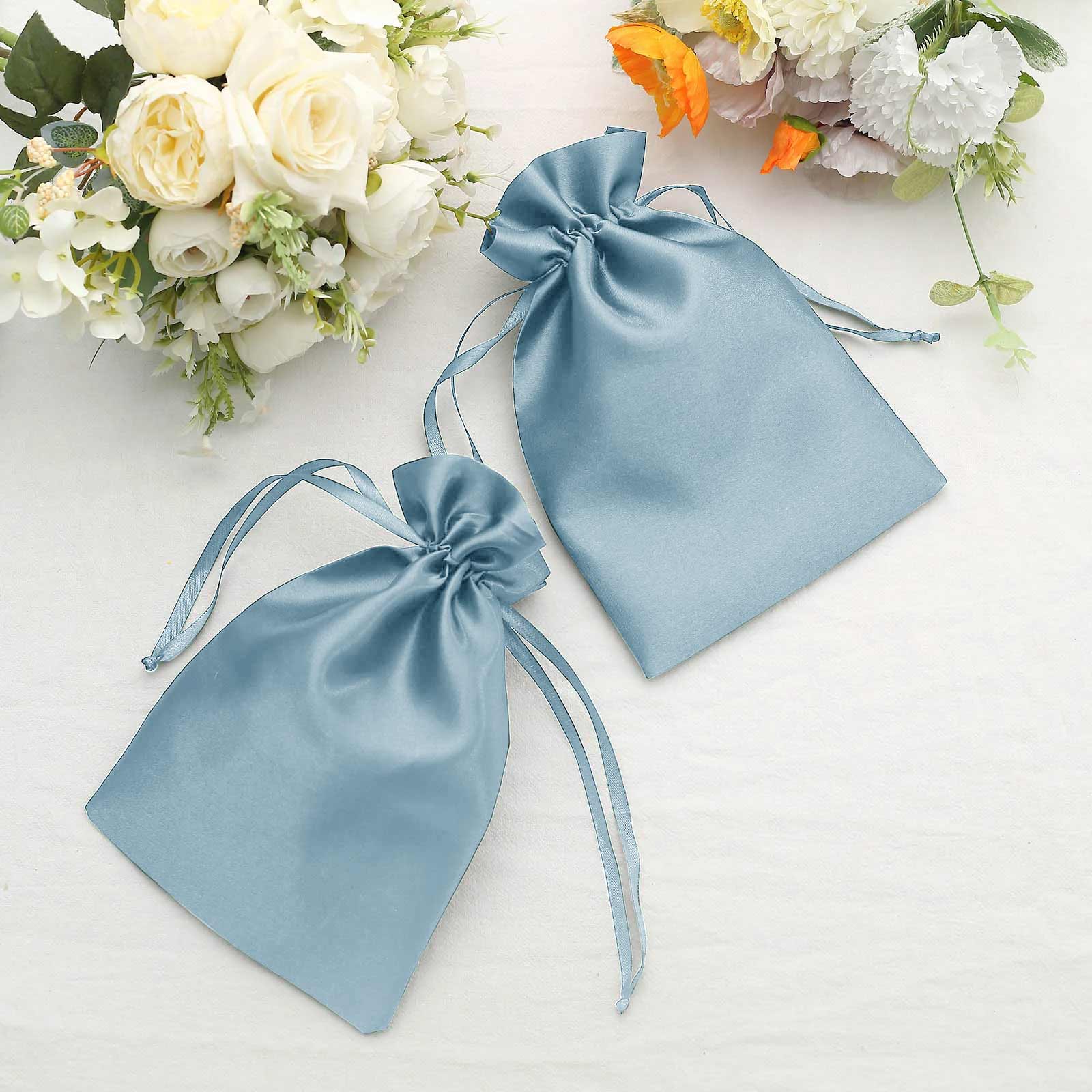 12 Pack 6x9 Dusty Blue Satin Wedding Party Favor Bags, Drawstring Pouch Gift Bags