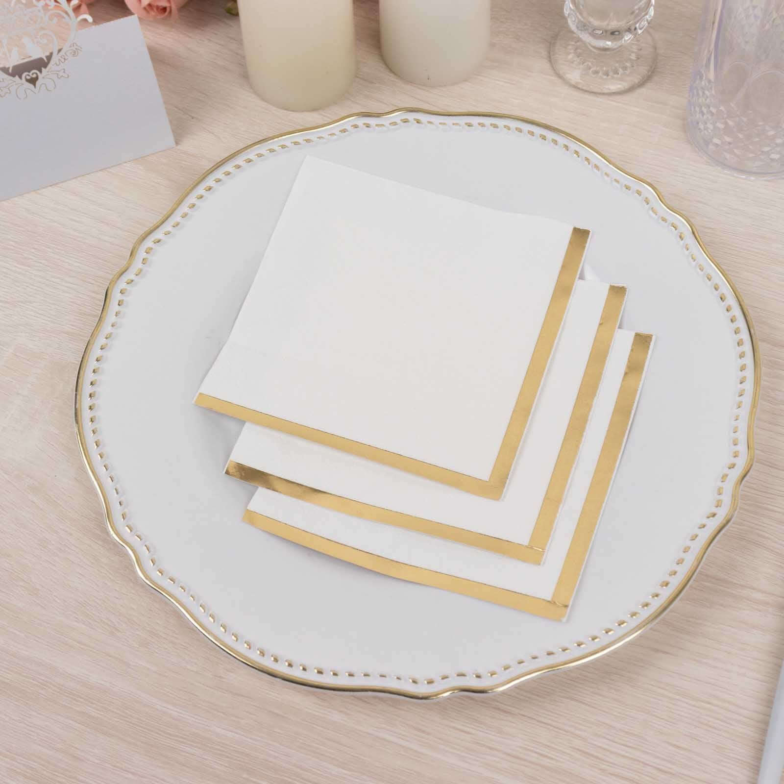 50-Pack Paper Beverage Napkins White with Gold Foil Edge - 2 Ply Disposable Soft 18GSM Cocktail Napkins for Events 5x5