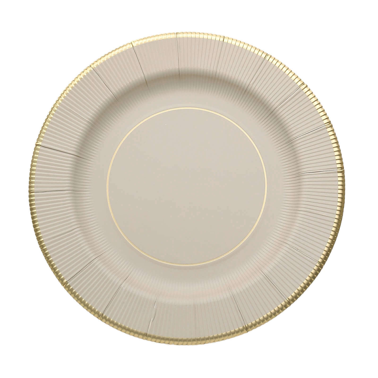 25-Pack Paper 8 Round Dessert Plates in Taupe Sunray Design with Gold Rim - Disposable Heavy Duty 350GSM Appetizer Salad Plates