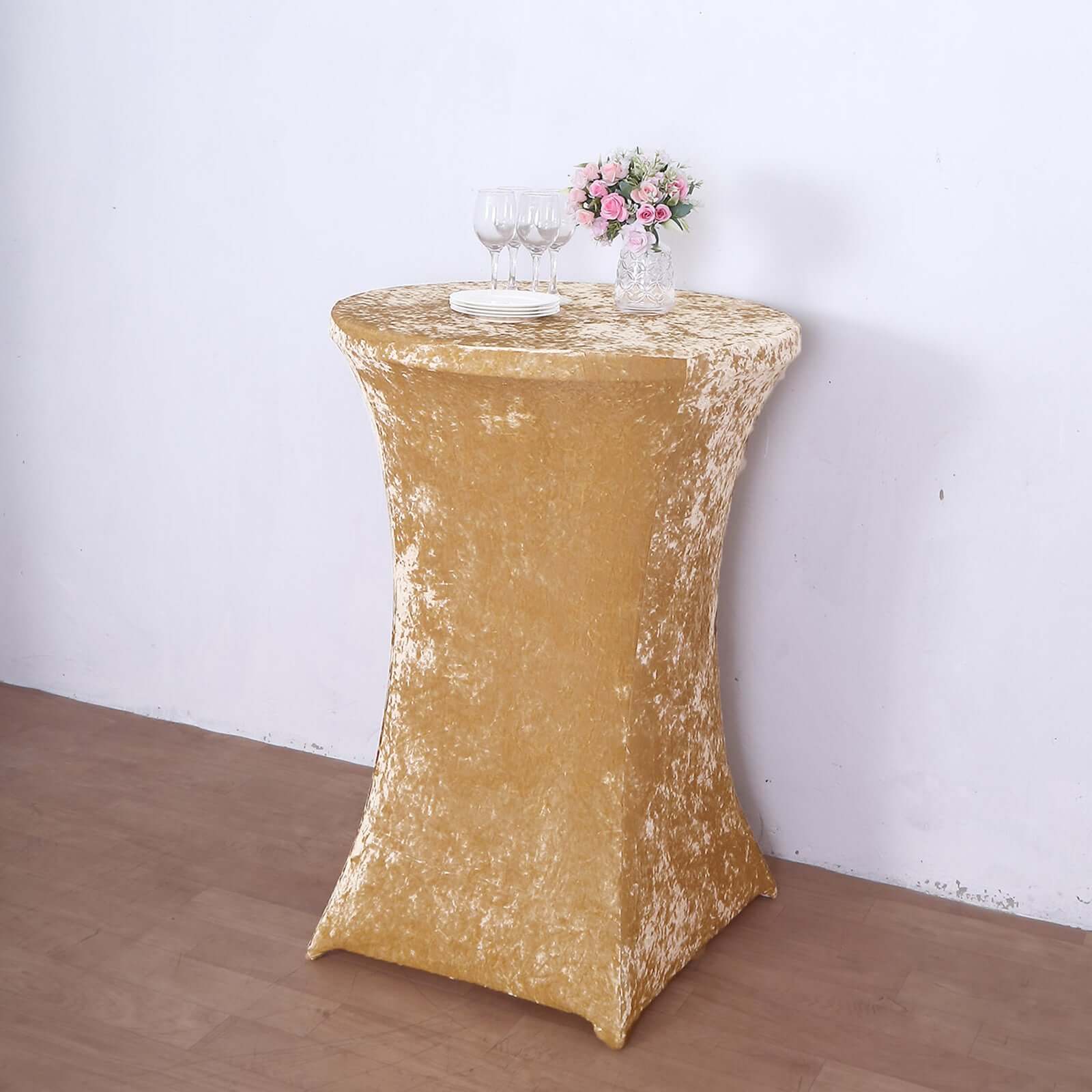 Crushed Velvet Spandex 32 Round Cocktail Table Cover Champagne Smooth Highboy Tablecloth