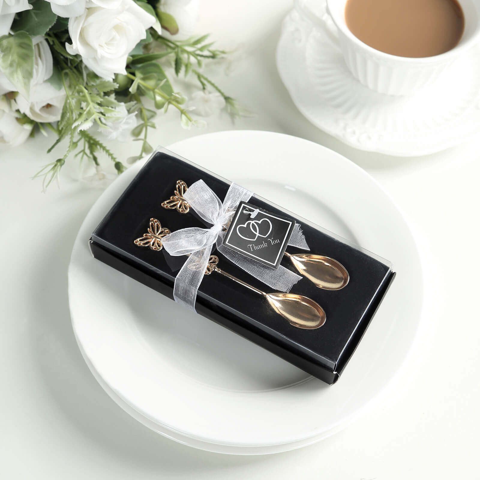 5 Pack Gold Metal Butterfly Handle Dessert Spoons in Clear Top Black Gift Box, Pre-Packed Mini Espresso Coffee Spoons Wedding Souvenir Gift with Thank You Tag and Ribbon - 4