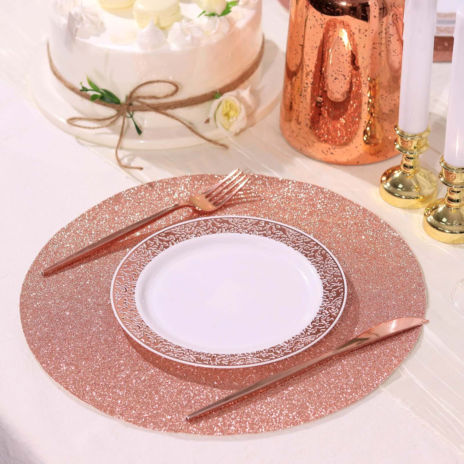 6-Pack Placemats Glitter Design Rose Gold Sparkle Round - Non-Slip Decorative Dining Table Mats 13