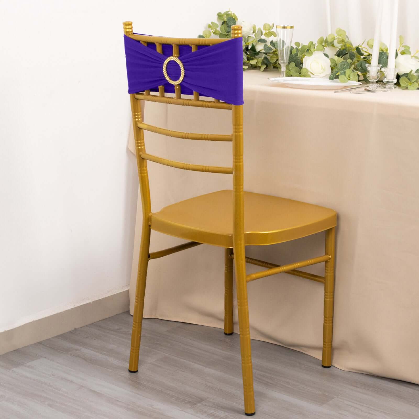 5 Pack Spandex Chair Sashes Purple with Gold Rhinestone Buckles - Reusable Four-Way Stretch Sash Bands 5x14