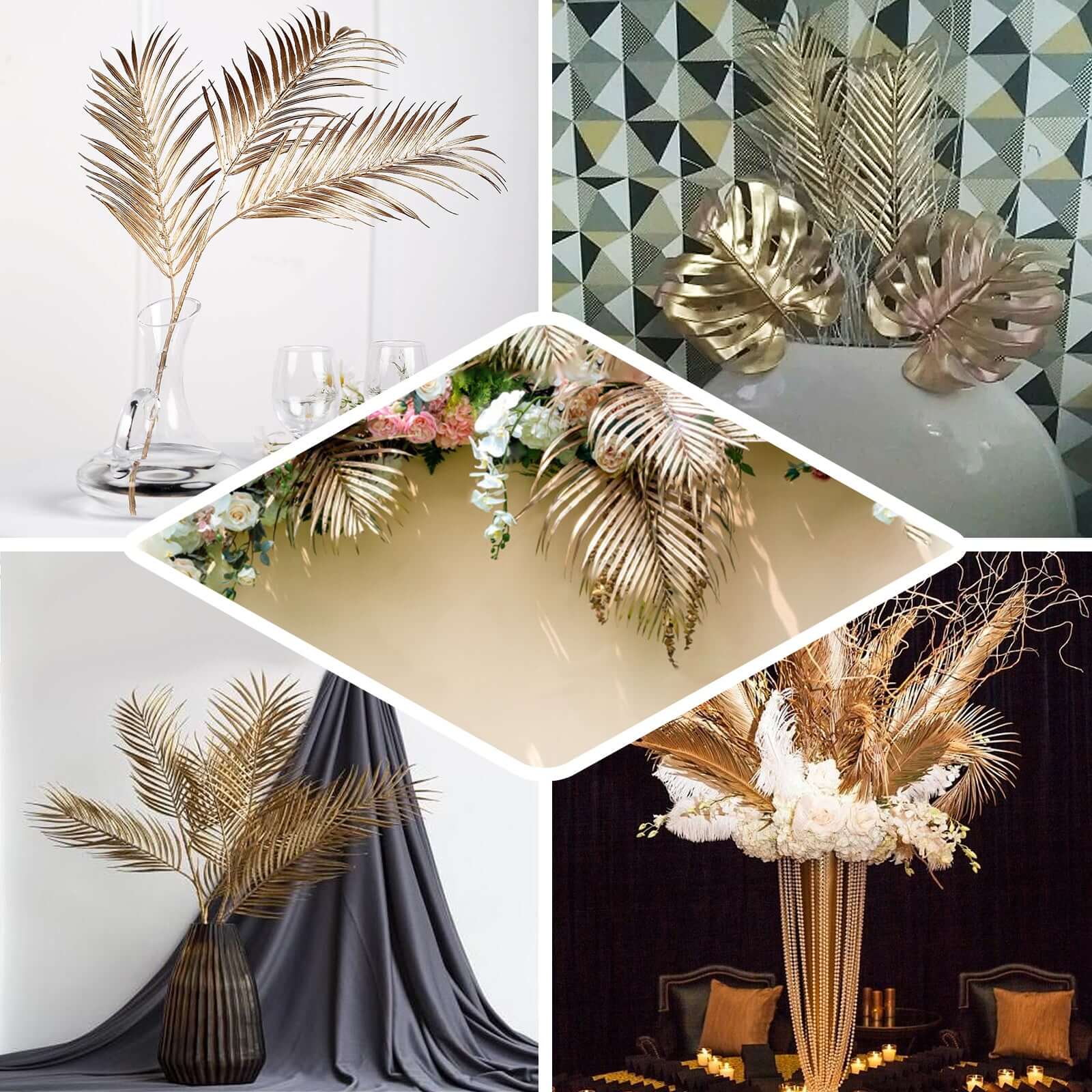 2 Stems Artificial Palm Leaf Branch Metallic Gold - Tropical Faux Stems Vase Filler Floral Backdrop Table Decor 32