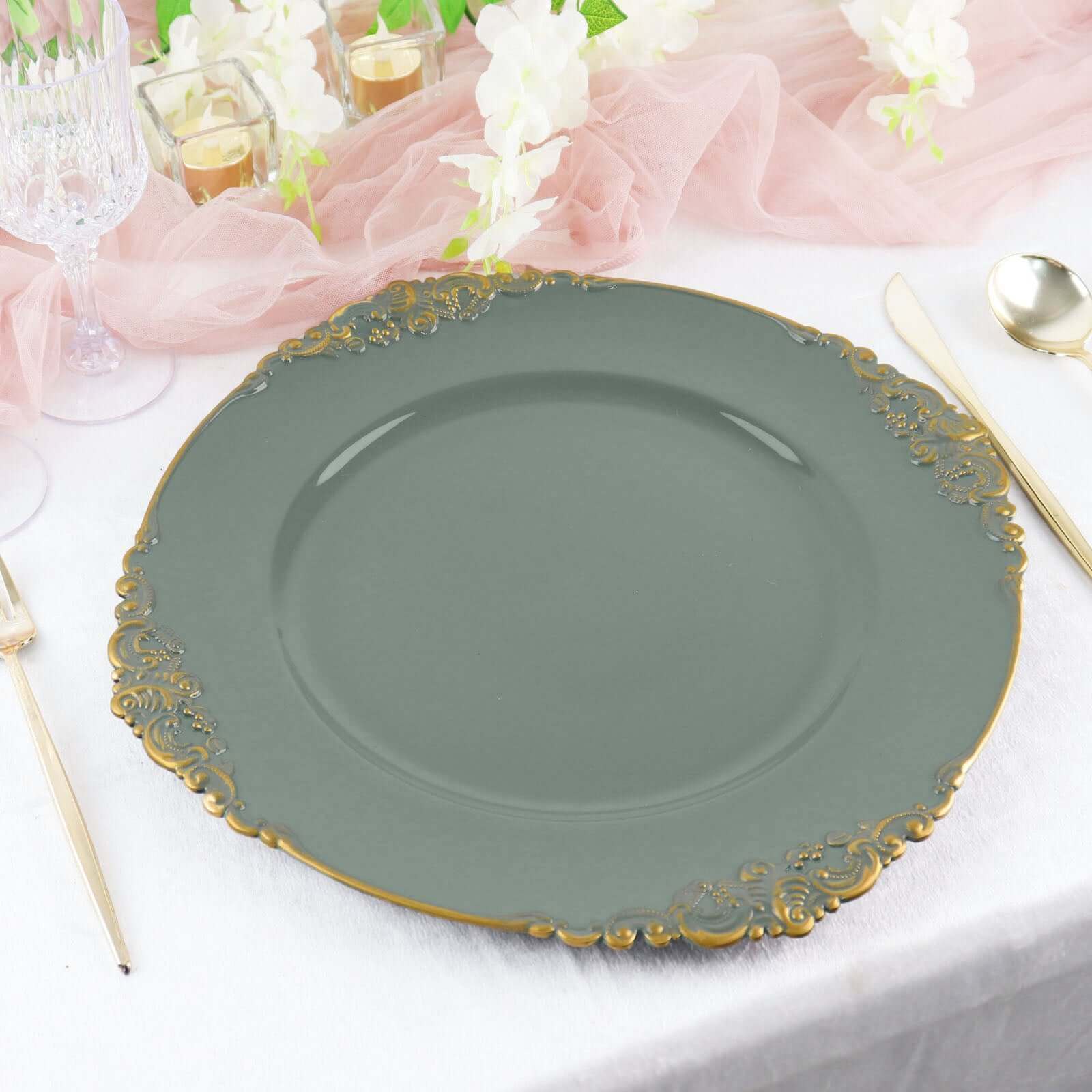 6-Pack Acrylic Round Charger Plates 13 in Olive Green with Gold Embossed Baroque Rim, Antique Decorative Dinner Party Charger Tableware