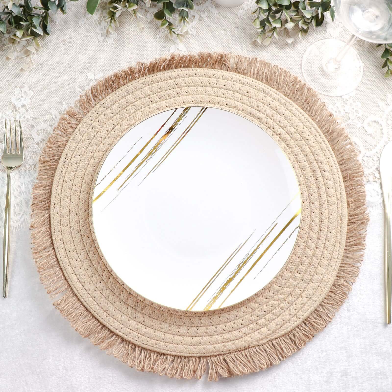 4-Pack Placemats Fringed Edge Design Natural Rustic Burlap Jute Round - Farmhouse Style Table Mats with Trim 15