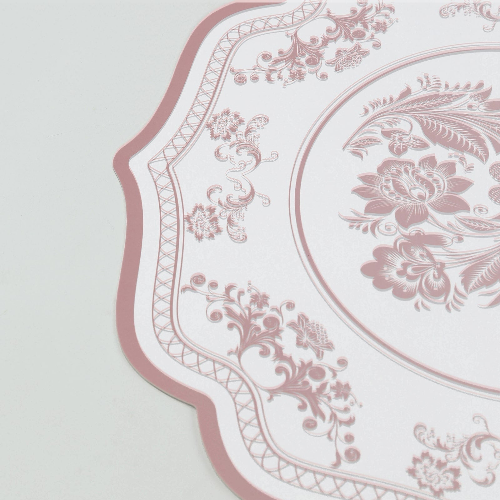 10-Pack Disposable Table Placemats 13 Round Placemats in White with Pink French Toile Pattern & Scalloped Rim - 400GSM Cardboard Placemats for Stylish Table Setting