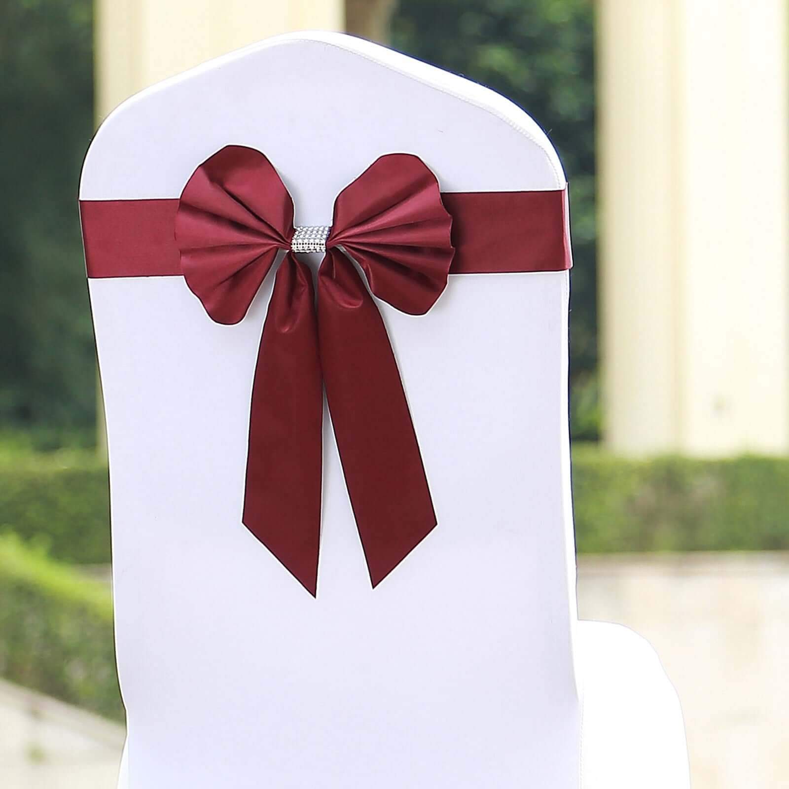 5 Pack Satin Faux Leather Chair Sashes Burgundy - Durable Double Sided Pre-tied Bow Tie Chair Bands with Diamond Rhinestone Buckles