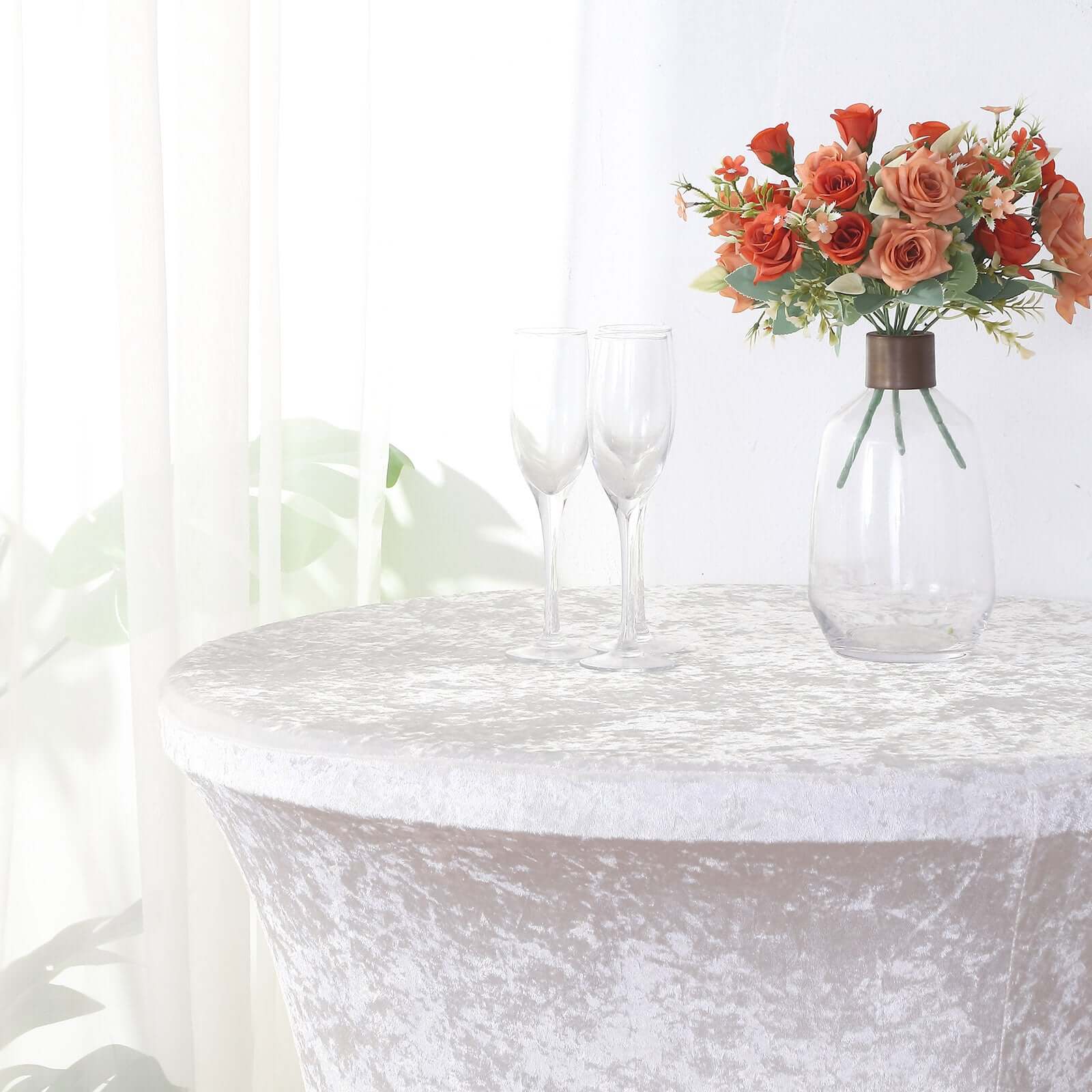 Crushed Velvet Spandex 32 Round Cocktail Table Cover White Highboy Tablecloth - Smooth & Polished Party Decor