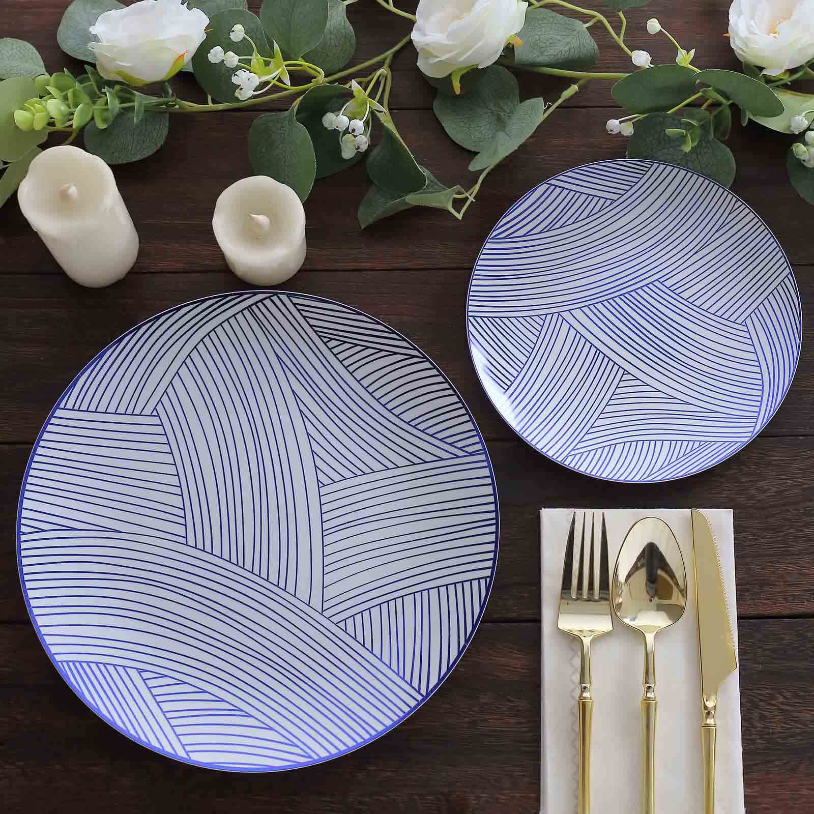 10-Pack Plastic 7 Round Dessert Plates in White with Blue Wave Brush Strokes Pattern - Disposable Appetizer Salad Plates