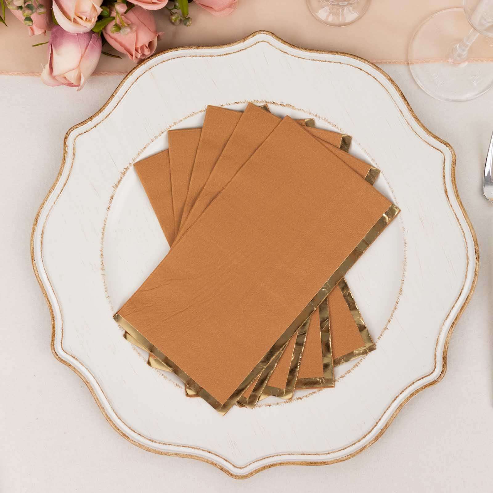 50-Pack Paper Dinner Napkins Terracotta with Gold Foil Edge 2 Ply - Stylish Disposable Napkins