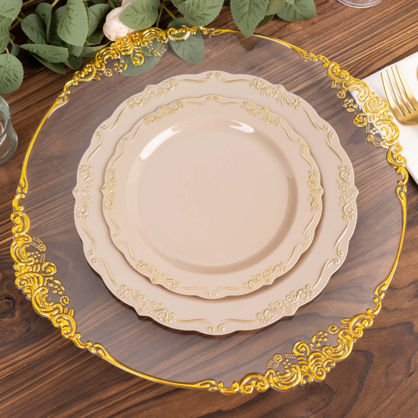 10-Pack Plastic 7 Round Dessert Plates in Taupe with Gold Vintage Embossed Rim - Sturdy Disposable Scalloped Edge Salad Plates