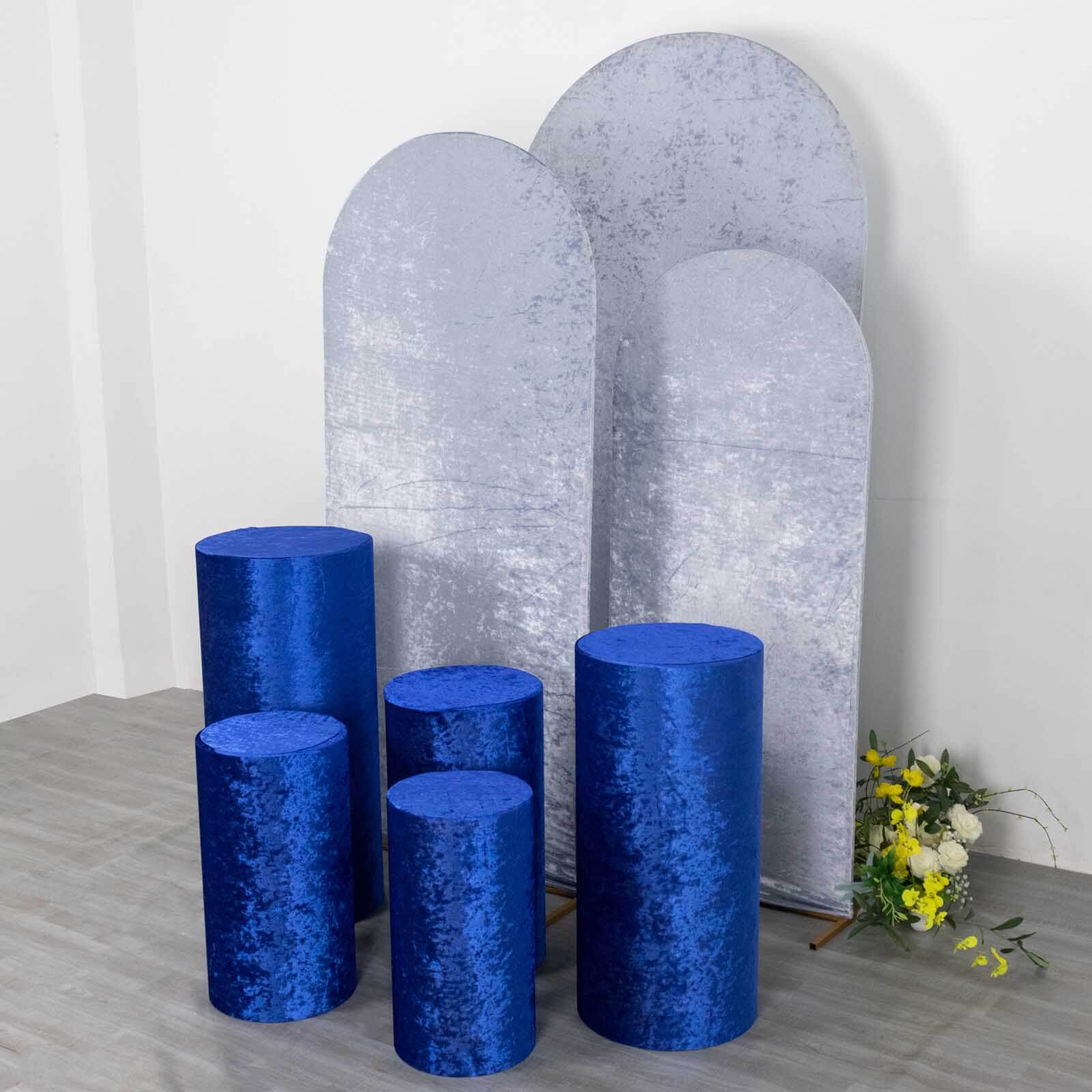 Set of 5 Royal Blue Crushed Velvet Cylinder Pedestal Stand Covers, Premium Pillar Prop Covers