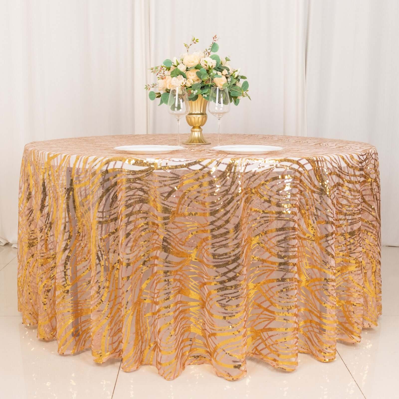 Sequin Mesh 120 Round Tablecloth Rose Gold/Gold - Seamless Wave Embroidered Table Cover