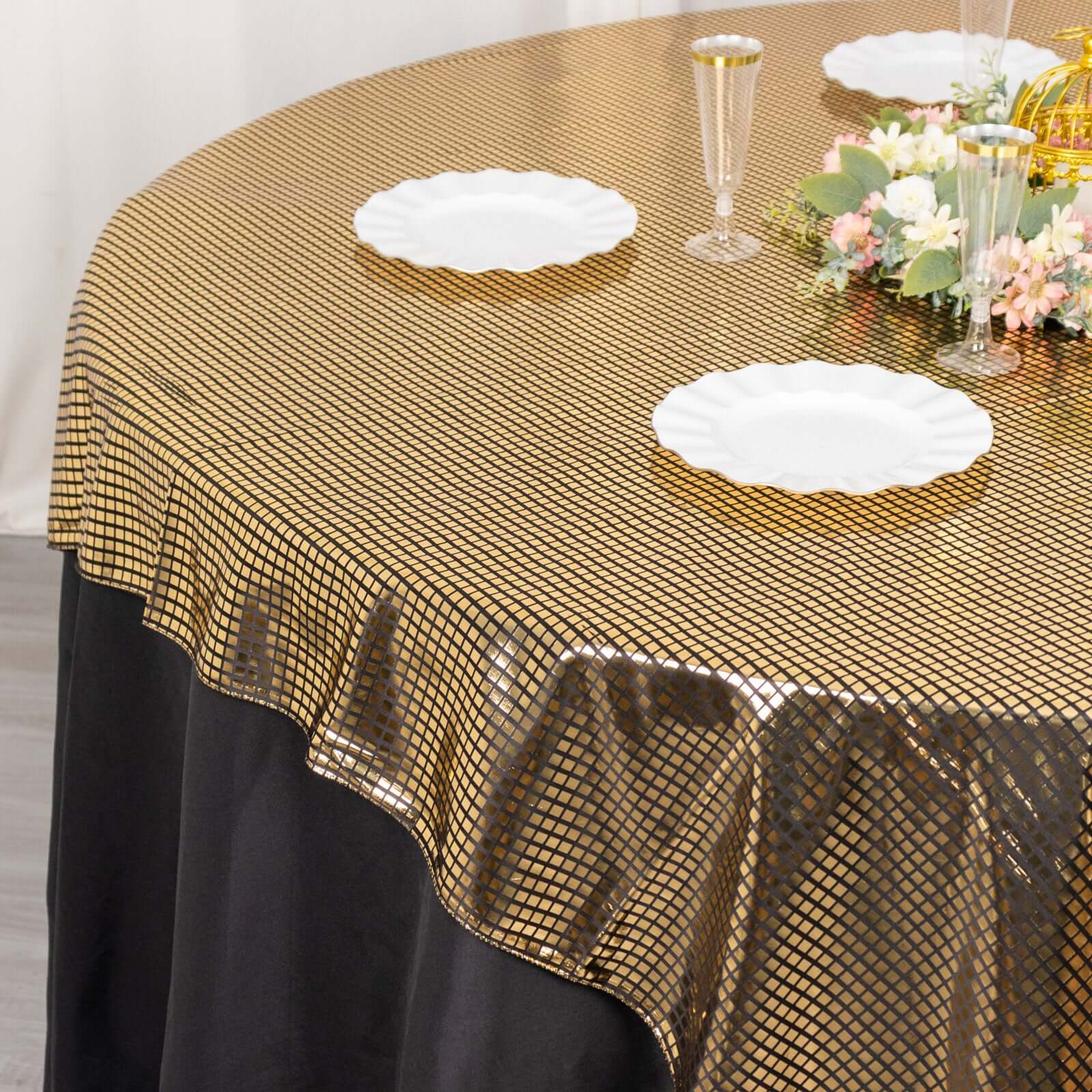 Polyester 72x72 Table Overlay Square Tablecloth Black - Gold Foil Disco Mirror Ball Design for Stylish Celebrations