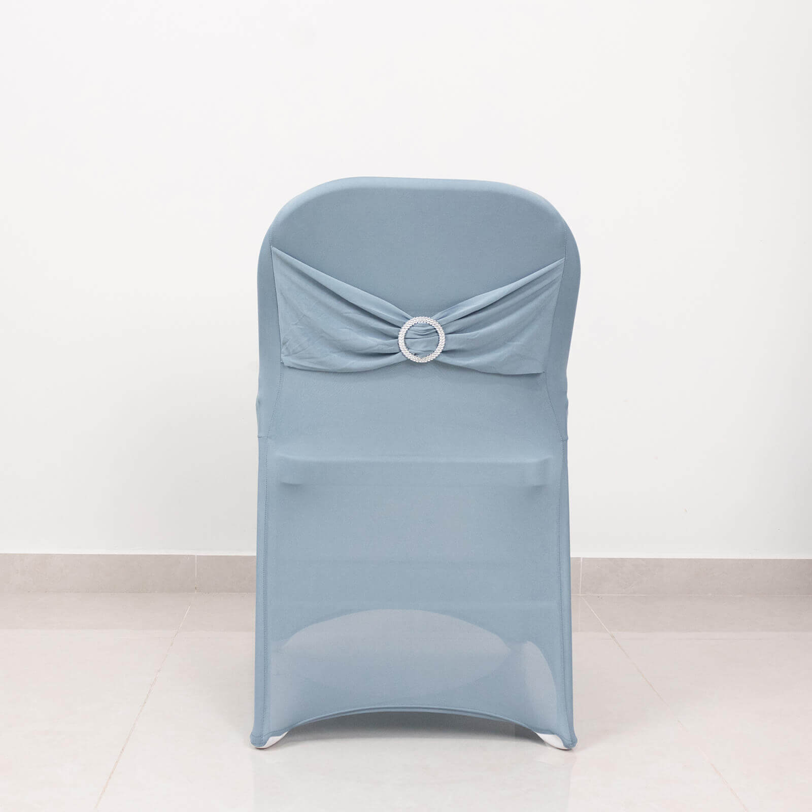 Stretch Spandex Chair Cover Dusty Blue for Folding Chairs - Secure Fit Slipcover with Silver Rhinestone Buckled Sash Band