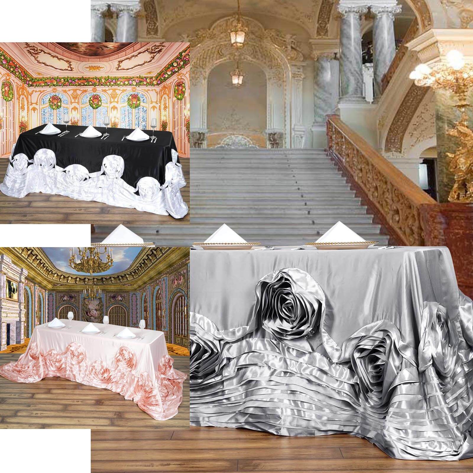 90x156 Blush Seamless Large Rosette Rectangular Satin Tablecloth for 8 Foot Table With Floor-Length Drop