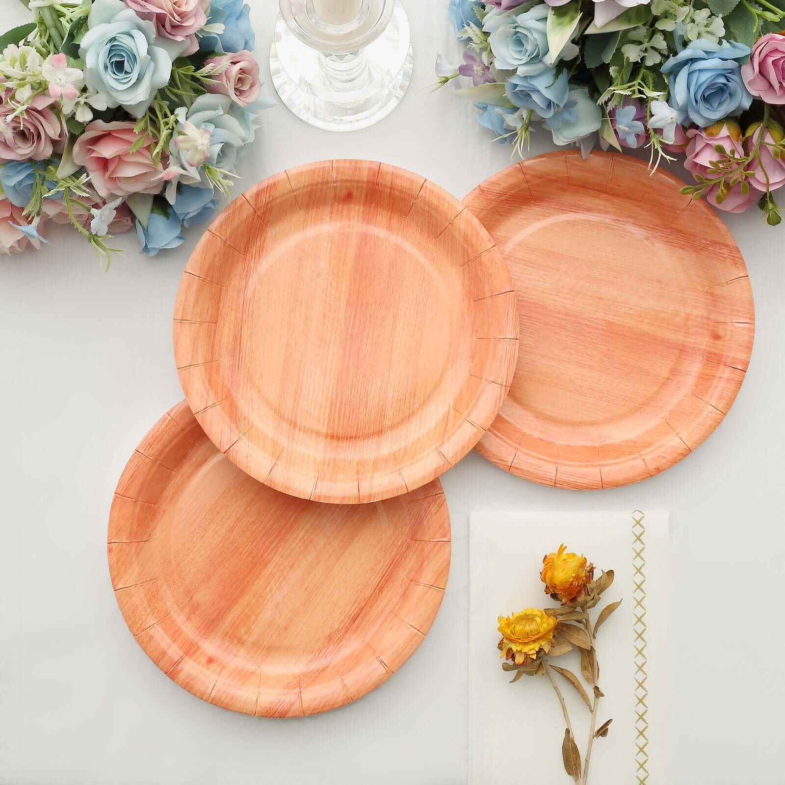 25-Pack Paper 7 Round Dessert Plates in Natural Wood Grain Print - Disposable Appetizer Salad Plates for Rustic Farmhouse Style Events