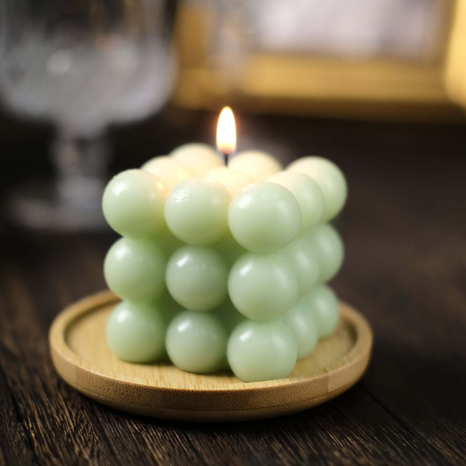 2-Pack Decorative Paraffin Wax Candles Bubble Cube Design Sage Green - Unscented Long Burning Pillar Candle Set 2