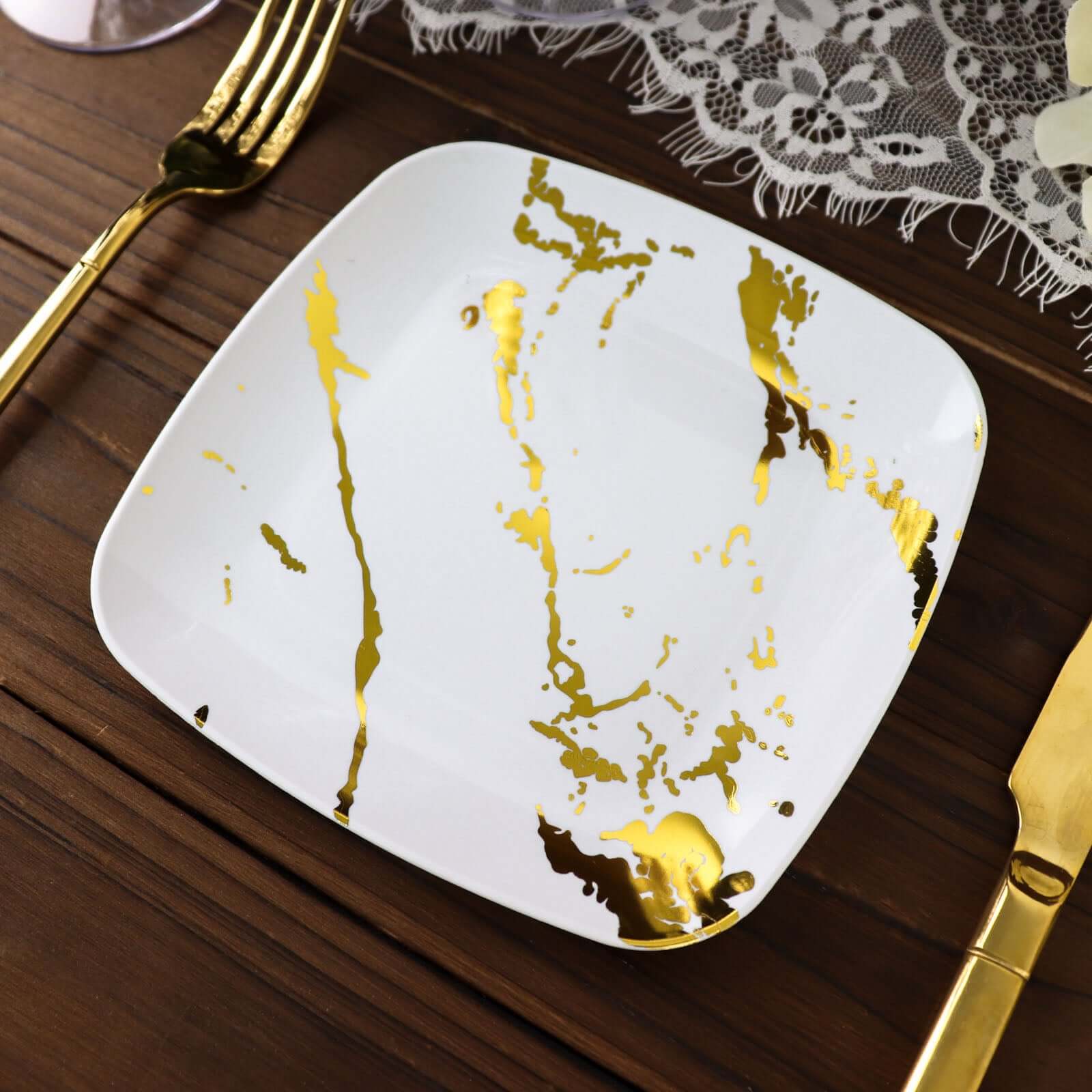 10-Pack Plastic 8 Square Dessert Plates in White with Gold Marble Design - Disposable Appetizer Salad Party Plates for Weddings, Banquets & Special Events