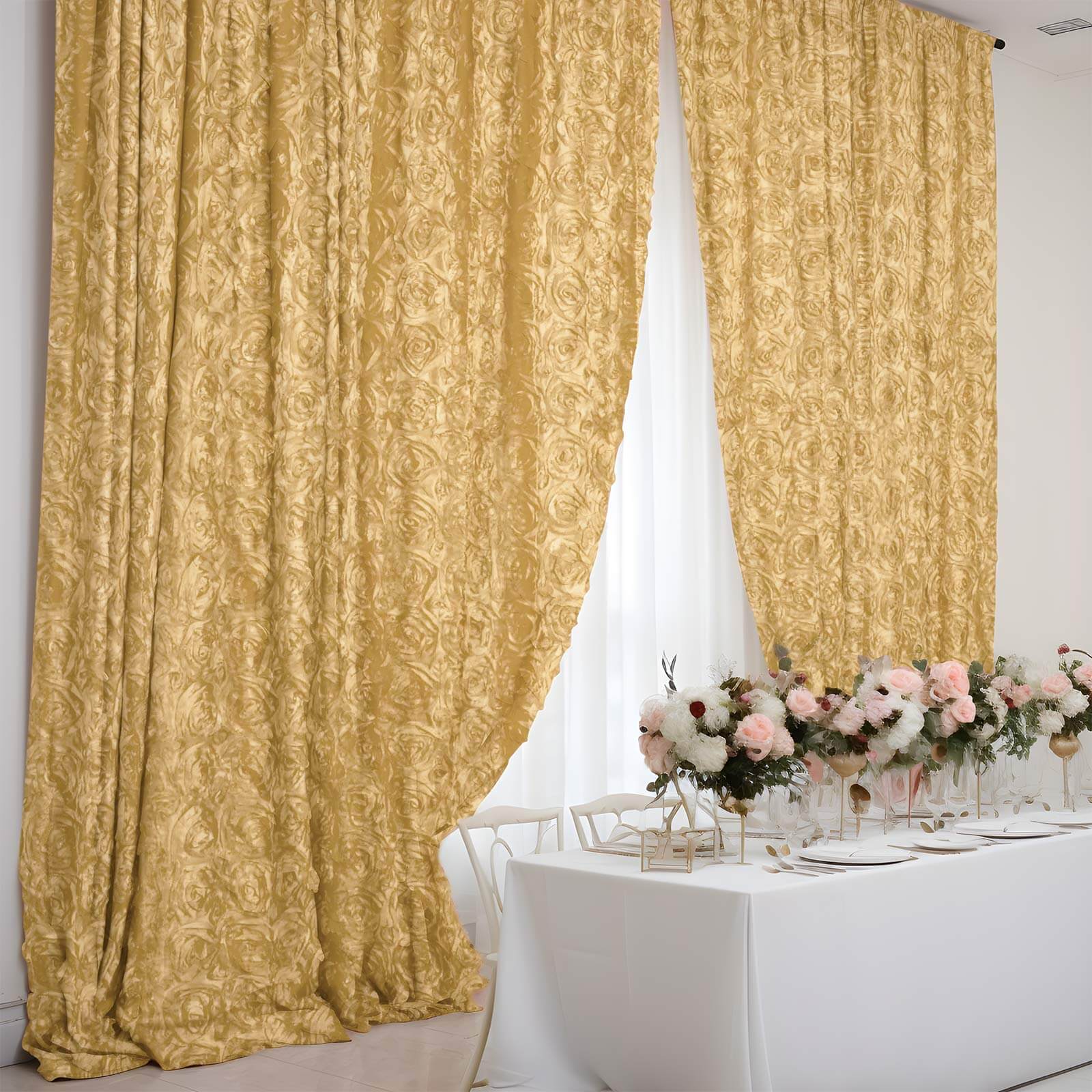 8ftx8ft Champagne Satin Rosette Event Curtain Drapes, Backdrop Event Panel