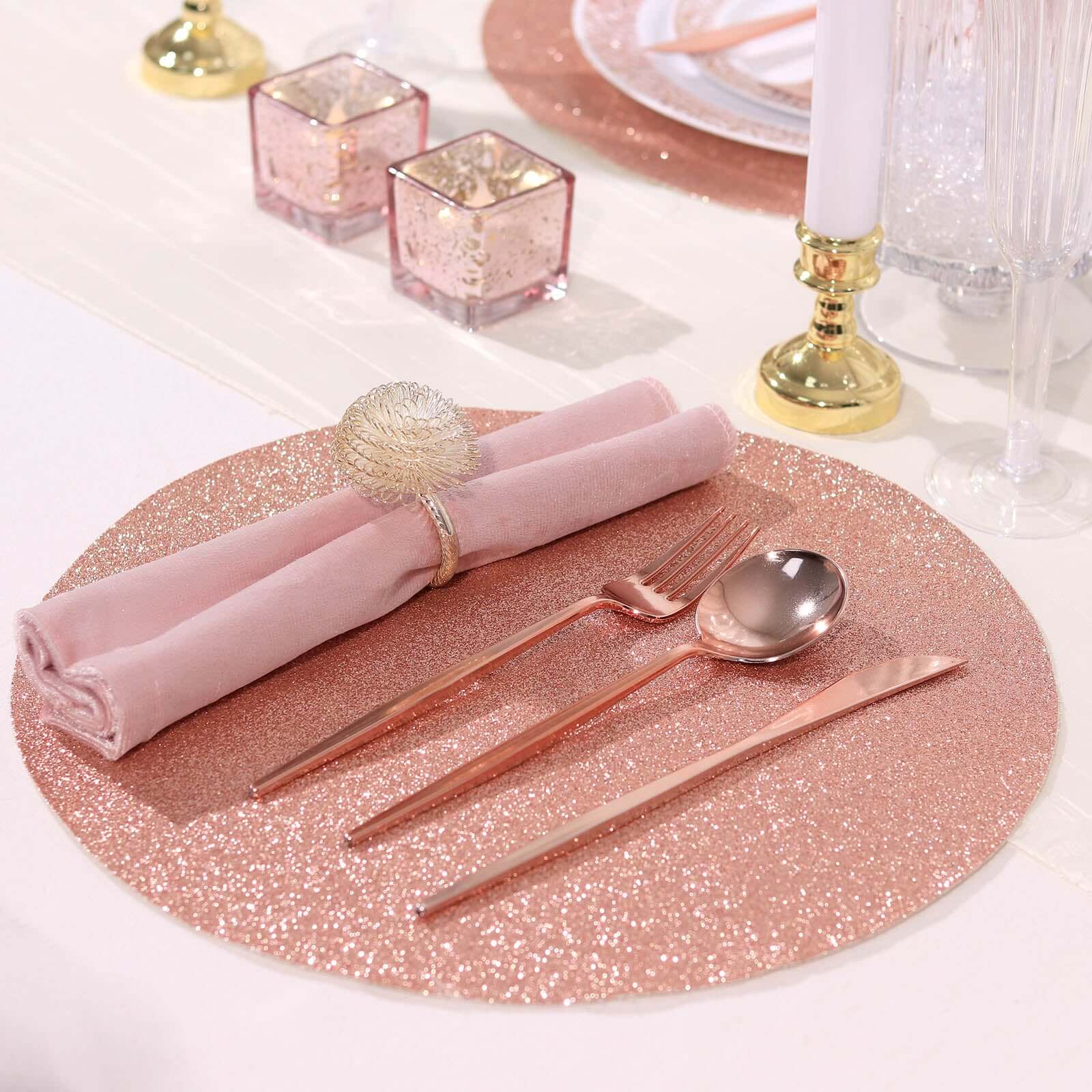 6-Pack Placemats Glitter Design Rose Gold Sparkle Round - Non-Slip Decorative Dining Table Mats 13