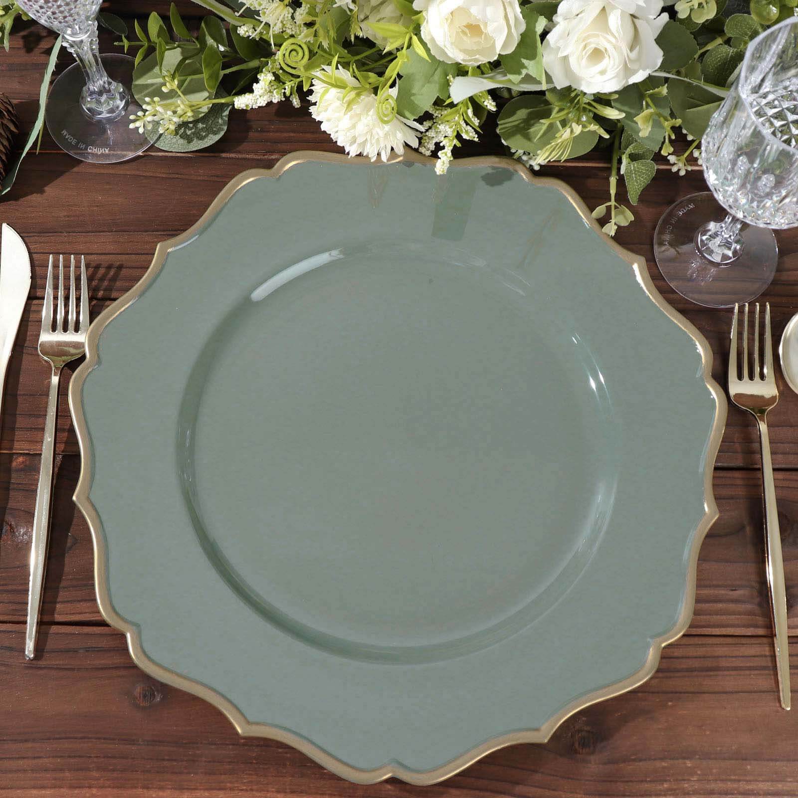 6-Pack Acrylic Round Charger Plates 13 in Olive Green with Gold Scalloped Rim, Decorative Dinner Party Plastic Charger Tableware