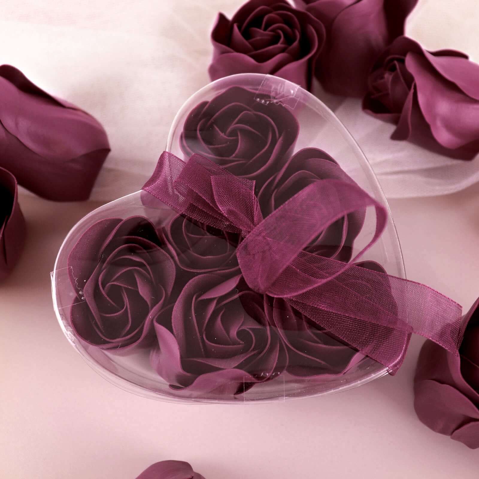 4 Pack 24 Pcs Burgundy Scented Rose Soap Heart Shaped Party Favors With Gift Boxes And Ribbon