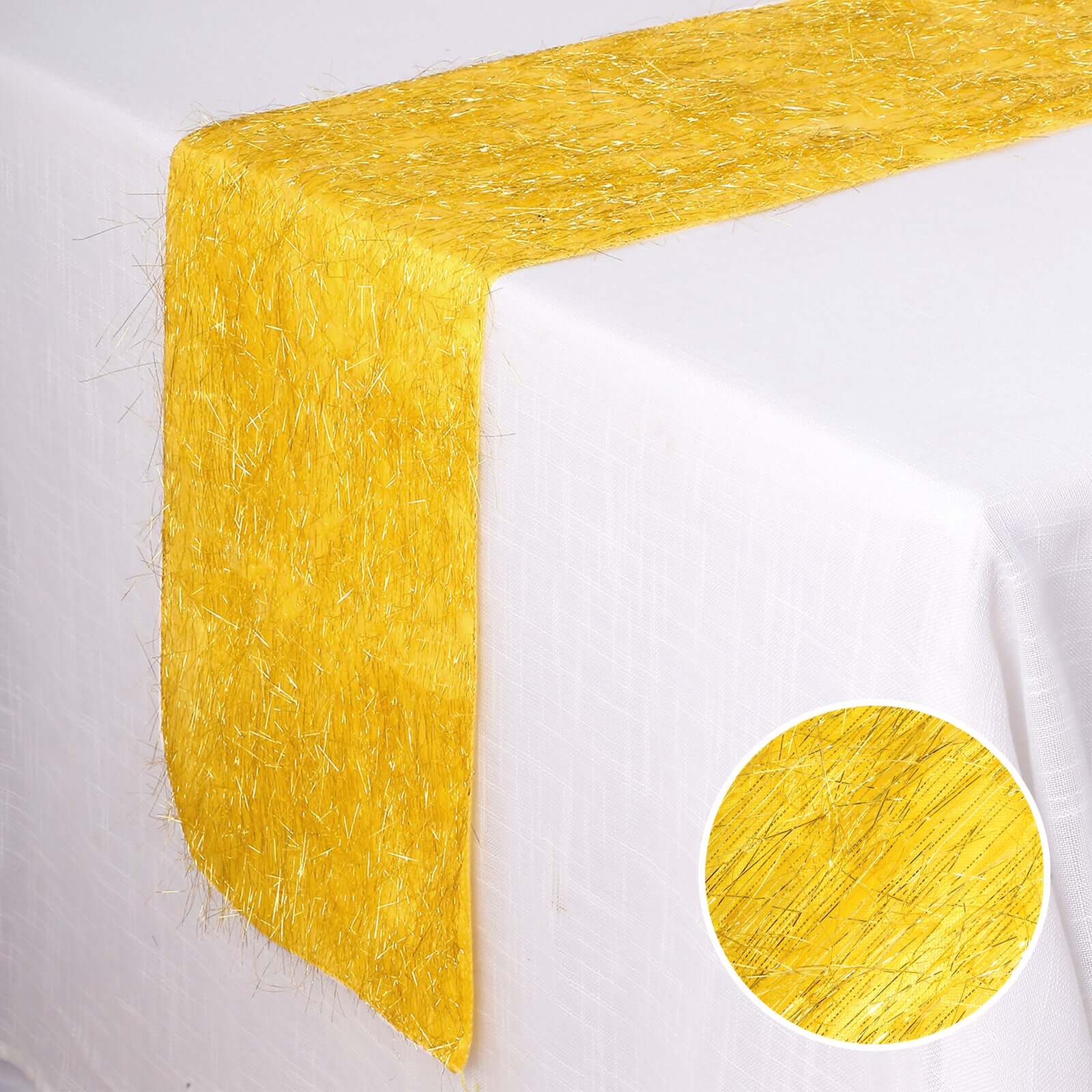 Metallic Tinsel Polyester 12x108 Table Runner Gold - Shimmery Fringe Shag Event Table Decor