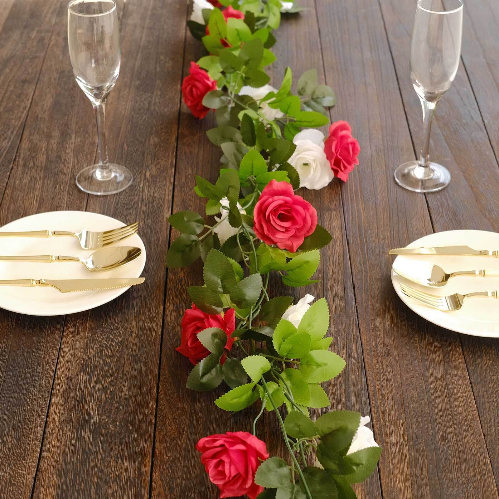 2 Pack 7ft Red Ivory Artificial Silk Flower Garland Mini Rose Vines with 26 Flower Heads